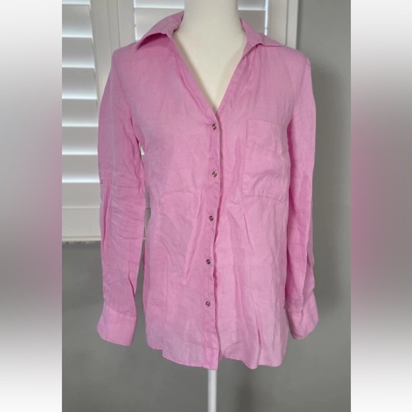 Zara Womens Small 100% Linen Pink Gold Long Sleeve Button Up Shirt Summer Beach - Picture 2 of 16